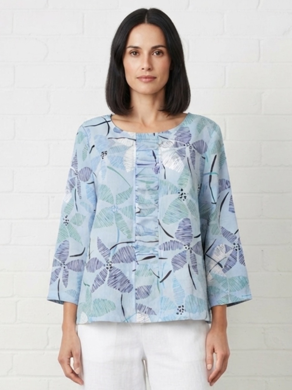Habitat Clothes To Live In Blue Abstract Floral Blouse 3/4 Sleeve SZ S